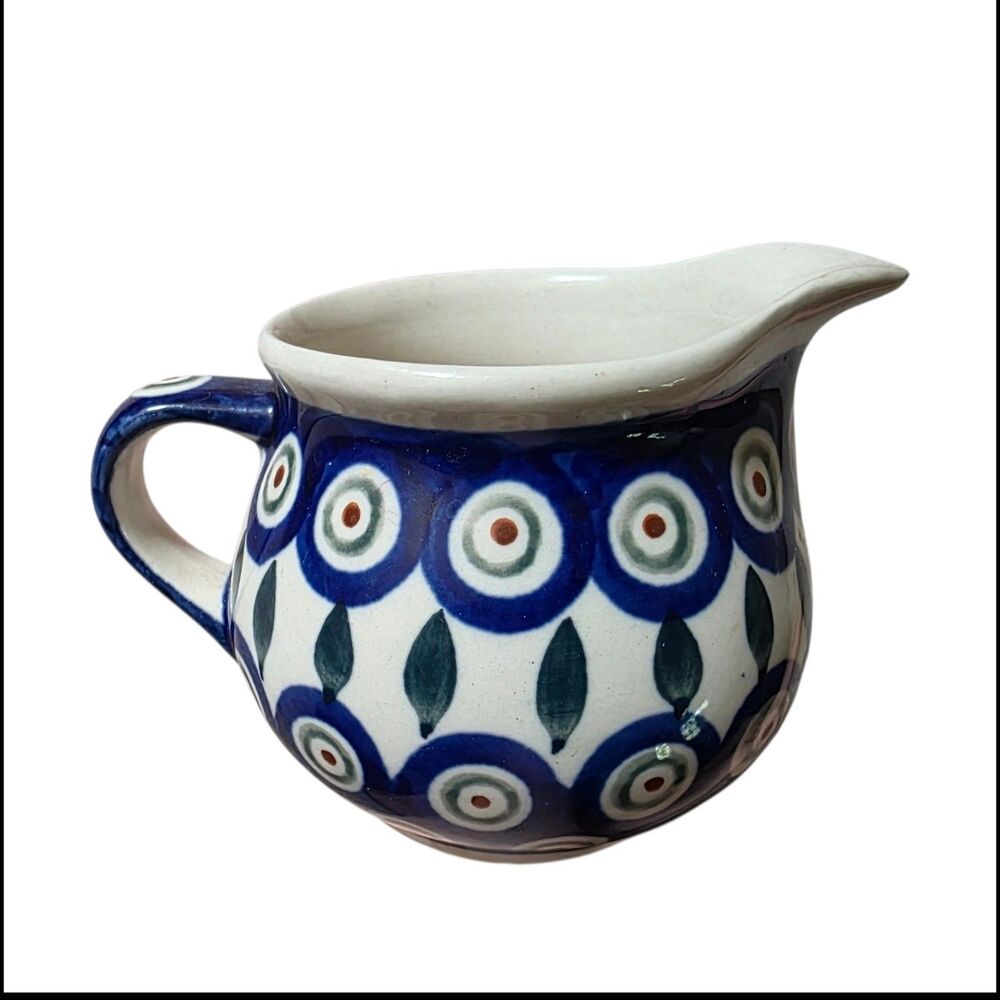 Vintage Boleslawiec Polish Pottery Creamer "Peacock" Pattern Handcrafted Leaves